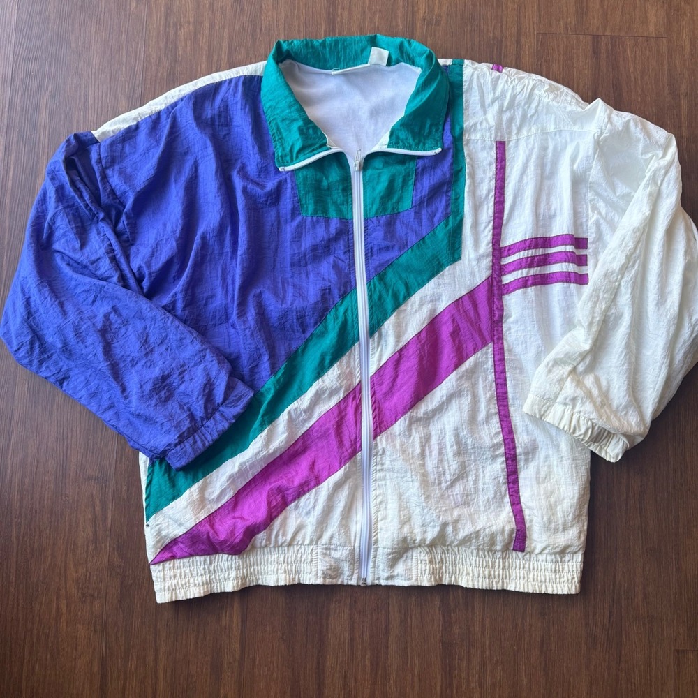 Vtg Metro Wear Windbreaker Jacket Full Zip Purple Green Colorblock Retro 1980
